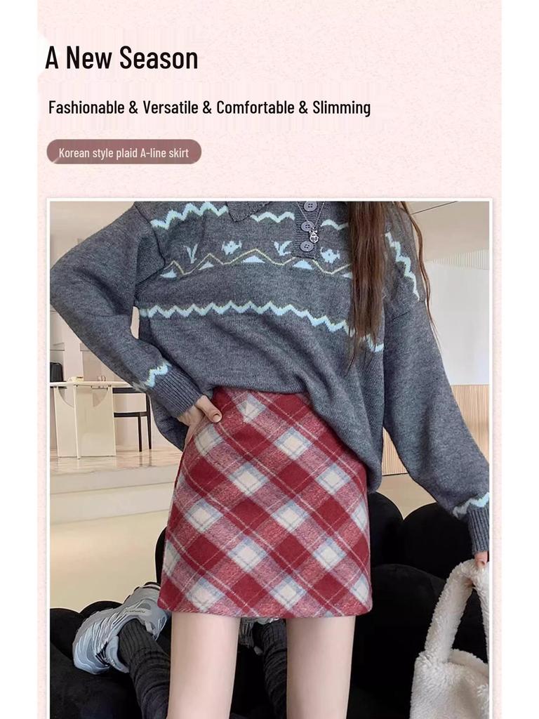 Женская мини-юбка в клетку из смесовой шерсти с завышенной талией в стиле ретро 2025 - Маленькая облегающая А-силуэта для осени/зимы
