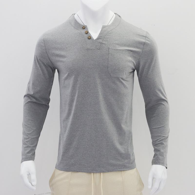 Мужская однотонная осенняя футболка с карманом на пуговицах и v-образным вырезом, мужские белые, черные базовые топы, футболки с длинными рукавами