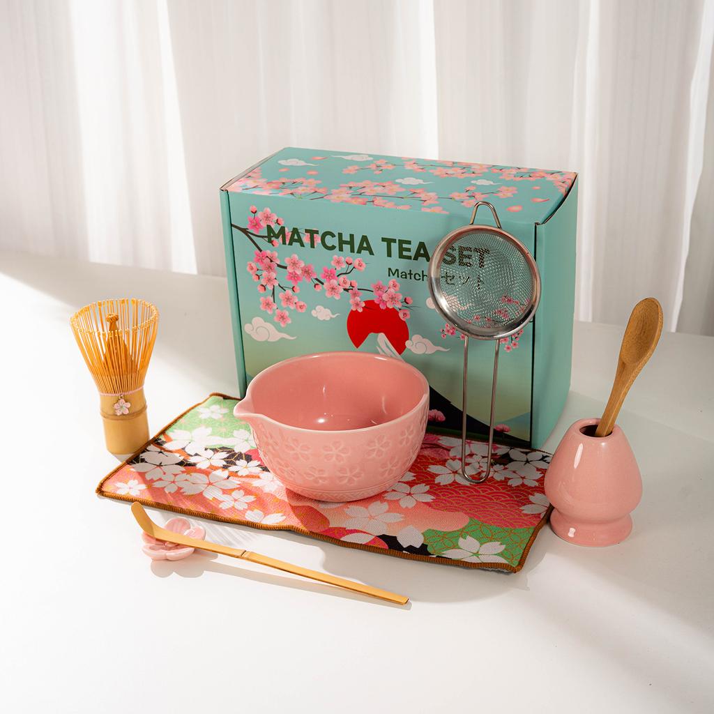 Японский набор для чая Матча с узором из цветущей сакуры, Бамбуковый венчик, Керамическая чаша для матча, Набор для приготовления матча, Набор чайной посуды в подарок