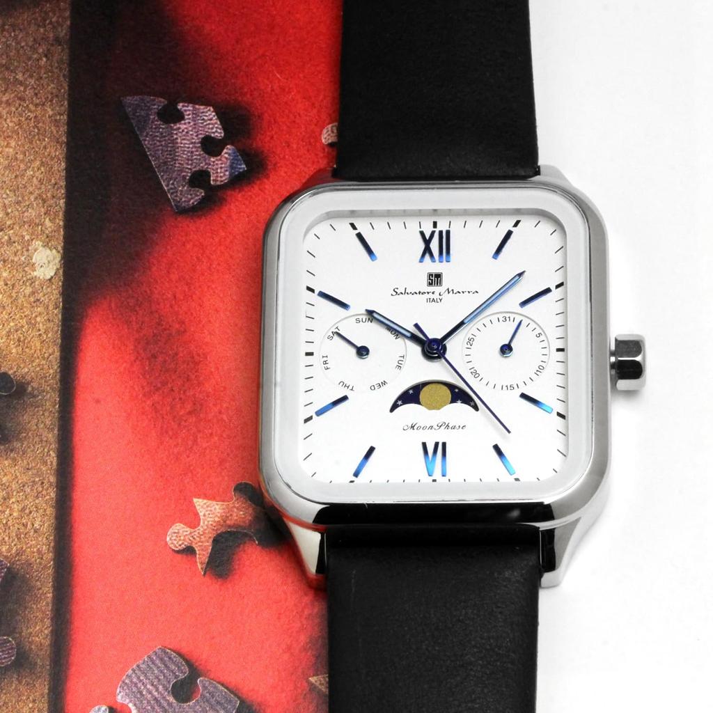 Moon Phase Square Square Multi Calendar Daily Waterproof Business Formal Leather Belt Limited Model Silver White [Salvatore Mara] Men's SM24112-SSWHLE