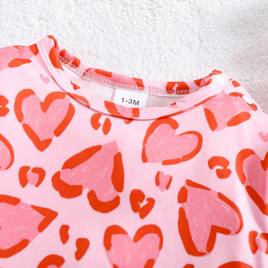 1-9 Months Baby Girl Pink Heart Shape Leopard Full Print Romper Casual Long Sleeve Jumpsuit
