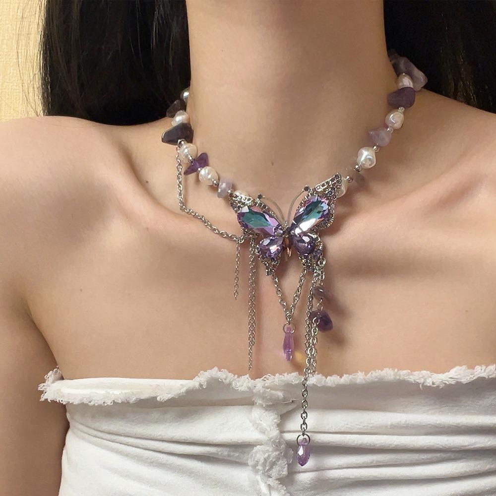 Регулируемое ожерелье-бабочка со стразами, преувеличенное женское колье-чокер с жемчугом и кристаллами для девочек