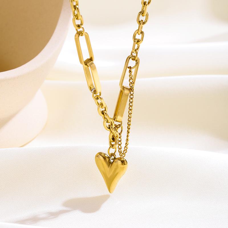 Women's 18K Gold Plated Stainless Steel Sporty Bamboo Chain Heart Zircon Pendant Necklace for Anniversaries