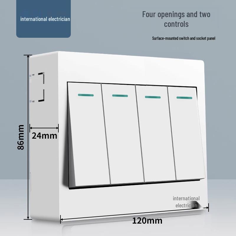 Двухклавишный настенный выключатель и панель розетки типа 86 с открытой проводкой и пятью отверстиями