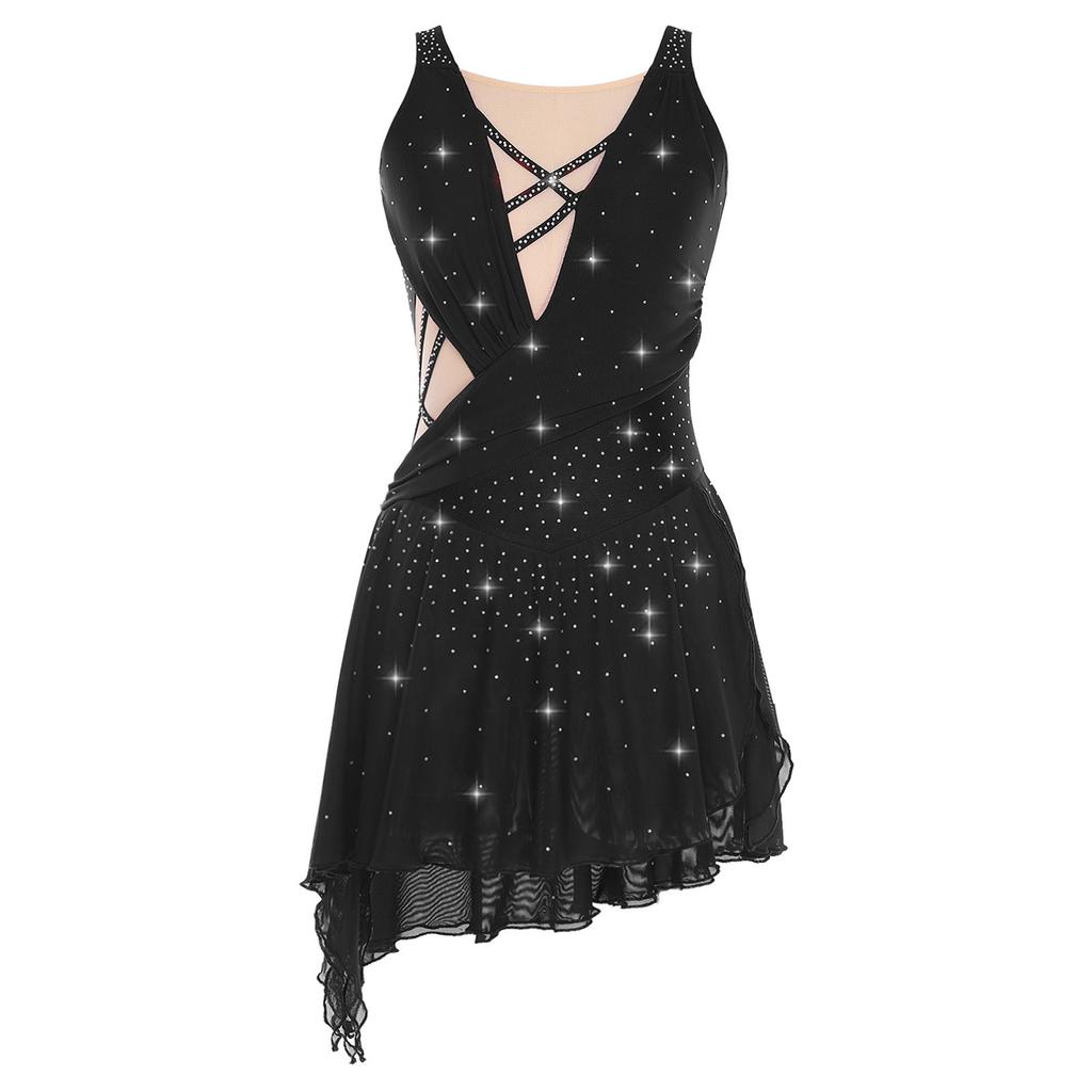 Women Dance Dress with Rhinestones Adorned Straps - Backless Side Slit Flowy Asymmetrical Hem Built-in Crotch Press Buttons for Stage Performance