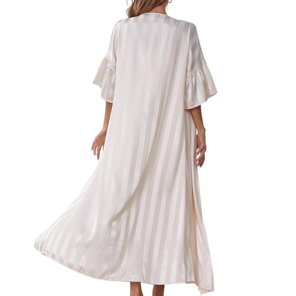 Women’s Nightgown Slip Night Dress 2 Pieces Set Satin Stripe Pajamas Dressing Gown Robe Sleepwear Home Wear Spring Autumn Sleep Lounge Clothes