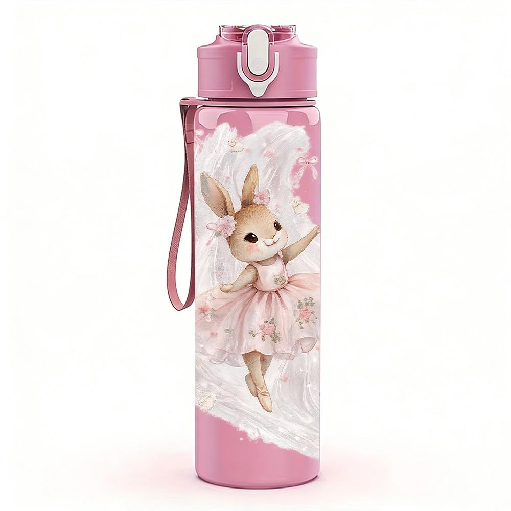 1PC Dreamy Bunny Angel Watercolor Print 750ml Color Plastic Sports Water Bottle Leakproof Flip Straw Lid Suitable for Sports Office Home Use