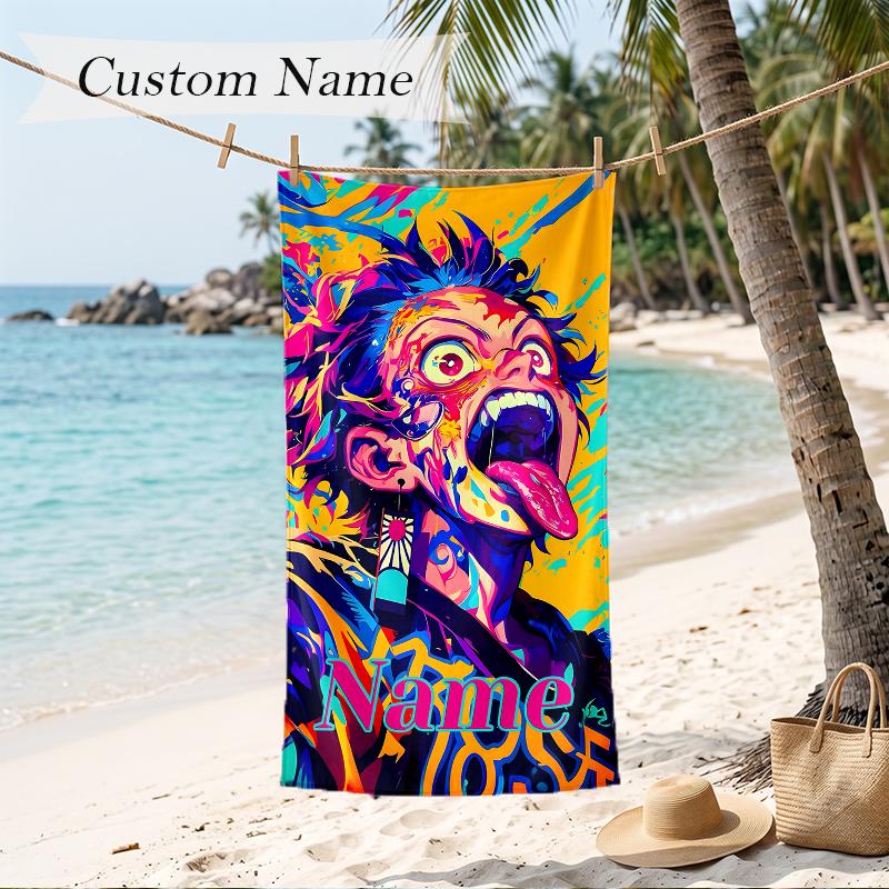 Tanjiro Custom Name Printed Beach Towel Personalized Soft Towel For Swimming Beach Travel