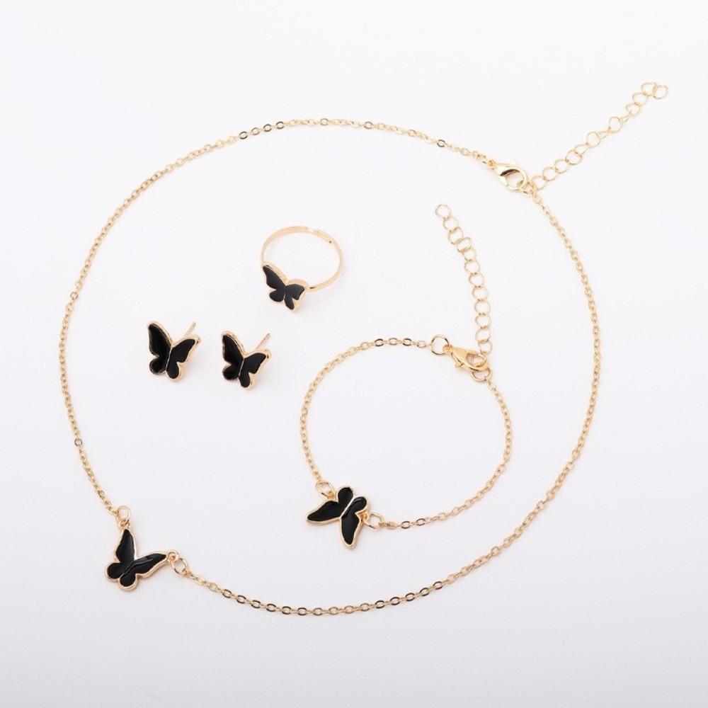 Elegance Style Butterfly Jewelry Set Minimalist Dripping Oil Heart Necklace Ring Set Artistic Design Creative