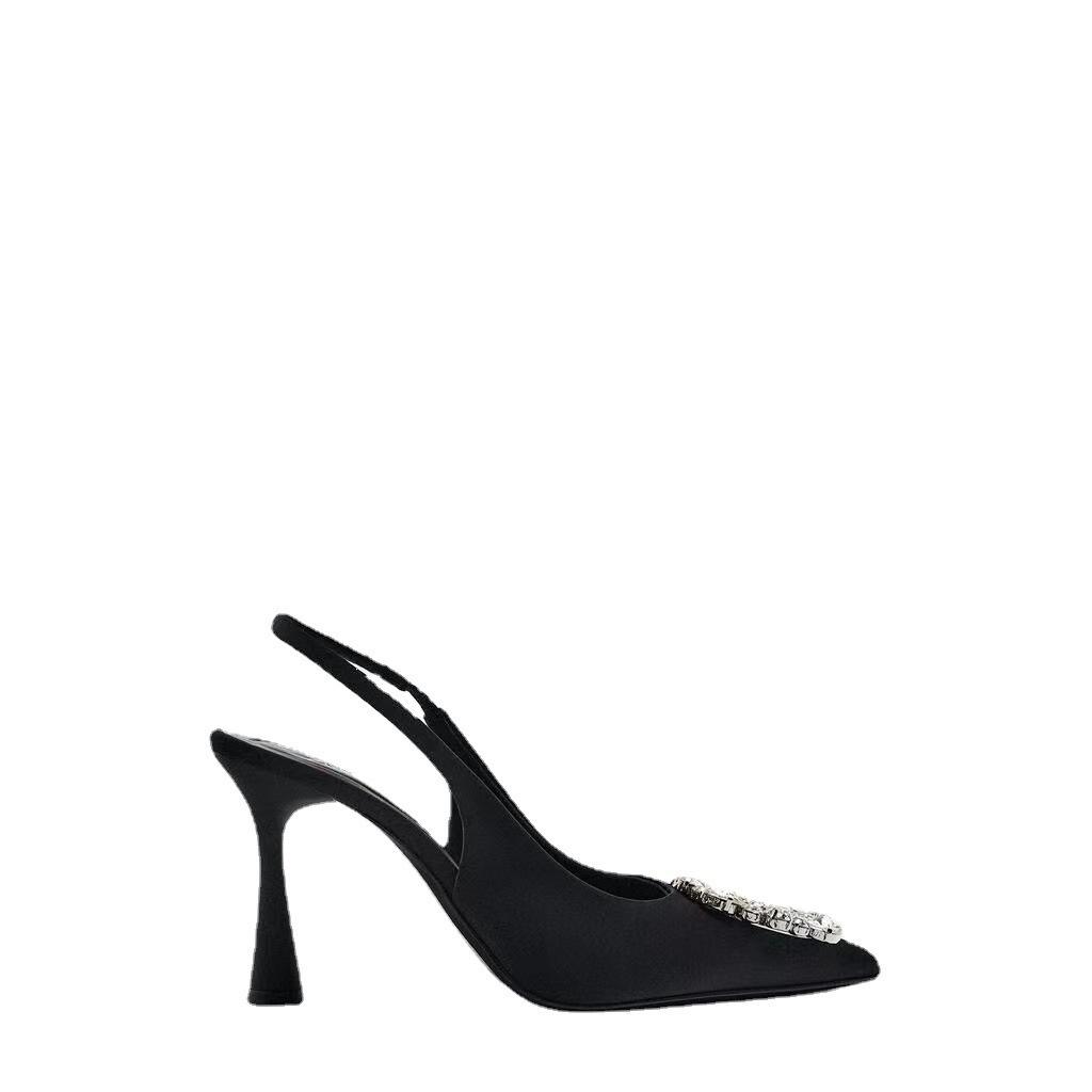 Новые летние женские туфли-лодочки на высоком каблуке с открытой пяткой и кристаллами, черные босоножки на каблуке с острым носком и стразами, вечерние свадебные туфли на каблуке