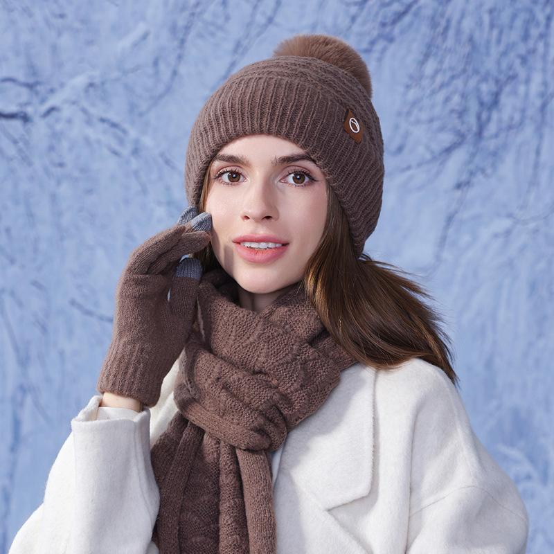 Winter Warm Hat Scarf Gloves Three-piece Set Women's Outdoor Velvet Thick Earmuffs Knitted Wool Cap