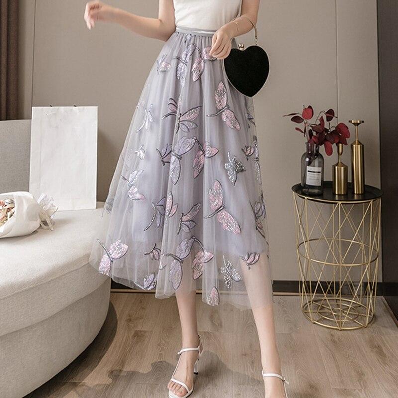 Qooth Женская тюлевая газовая юбка с вышивкой стрекозой, элегантная сетчатая юбка миди с эластичной резинкой на талии на все времена QT2202