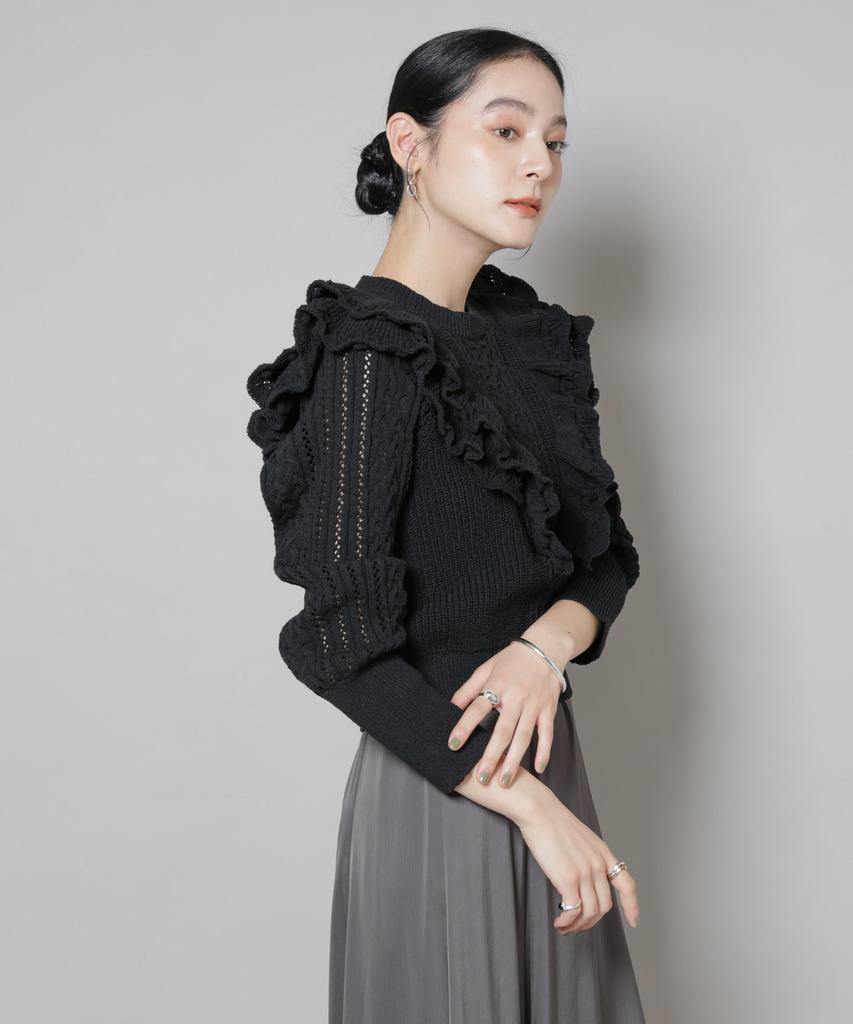 Nano Universe Ruffle Cable Knit F Women's Pullover, 010, Black, 669-5222324