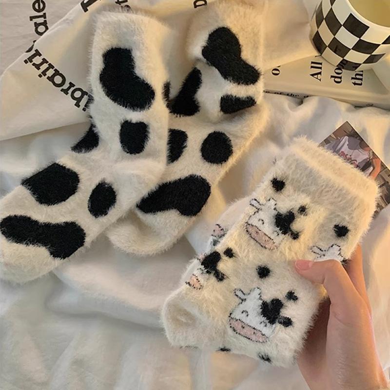3 Pairs Cute Cow Spots Print Sock Thickened Warm Coral Fleece Women's Socks