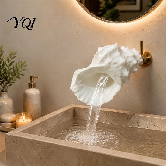 Seashell Faucet Coastal Wall-Mount Faucet, Conch Shape Bathroom Sink Ocean Organic Modern Fixtures Theme Decorative Water Tap for Beach House,