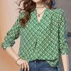 Женская футболка Весна Лето Длинный рукав V-образный вырез Шифон Свободная Клетчатый принтженская Одежда Мода Элегантные Повседневные Топы