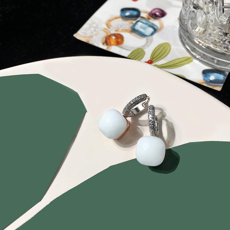 Серьги-пусеты из серебра S925 в стиле знаменитостей – Грибовидная головка с бриллиантовой инкрустацией и квадратным камнем конфетного цвета