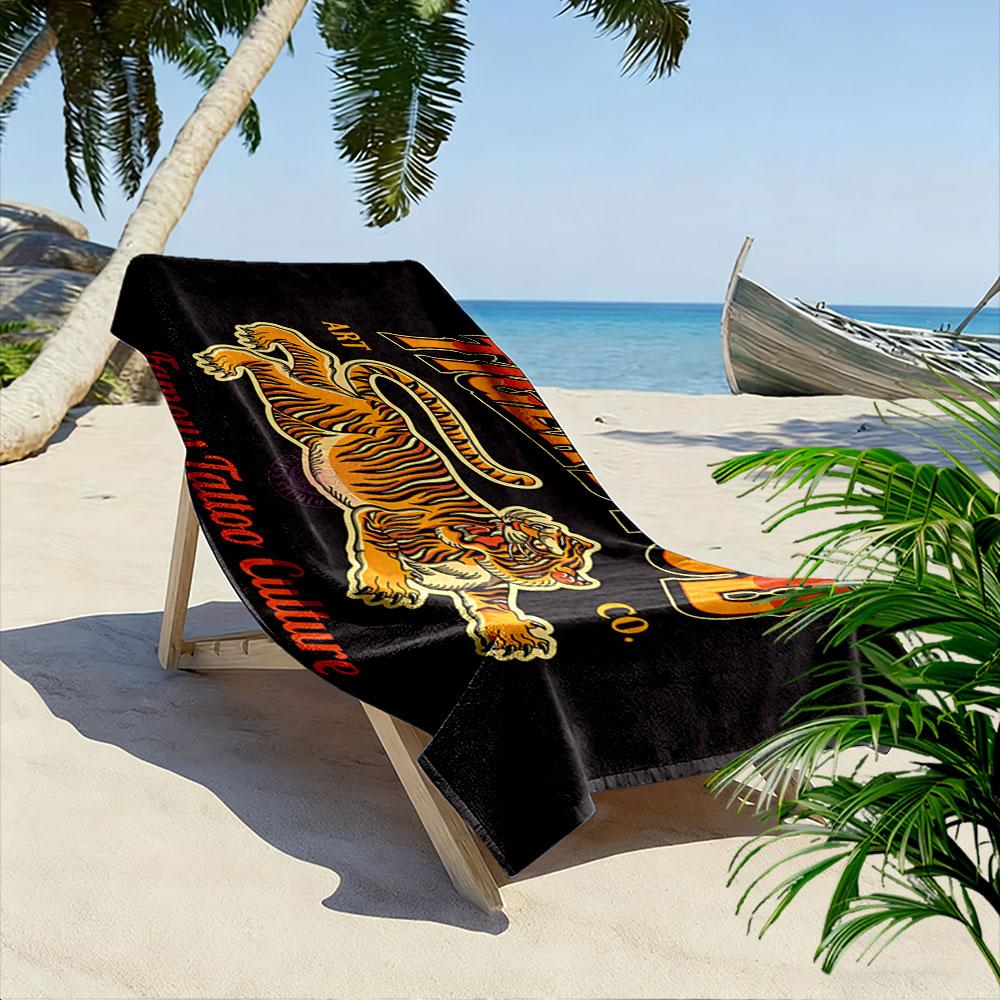 Giant Beach Towel with Tiger Head Tattoo Art Print, Quick Dry Microfiber, Soft Absorbent, for Beach Pool Cool Style Gift