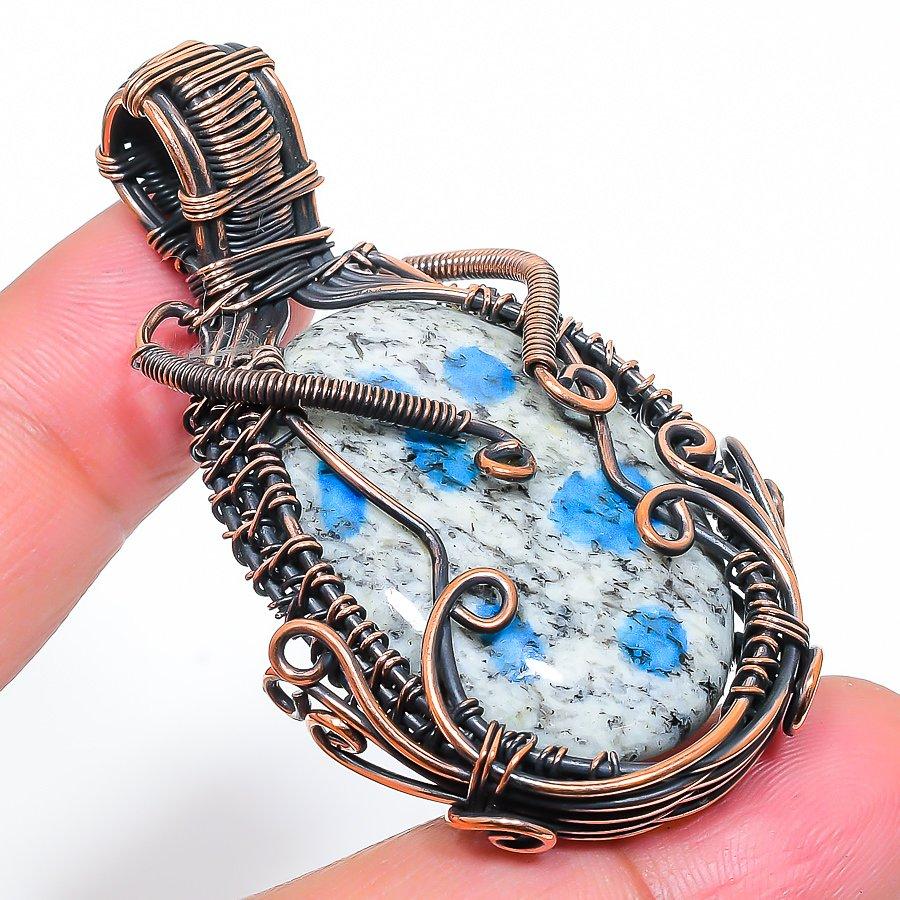 Natural K2 Azurite Gemstone Handmade Copper Wire Wrap Gift Pendant 2.29" S2l83