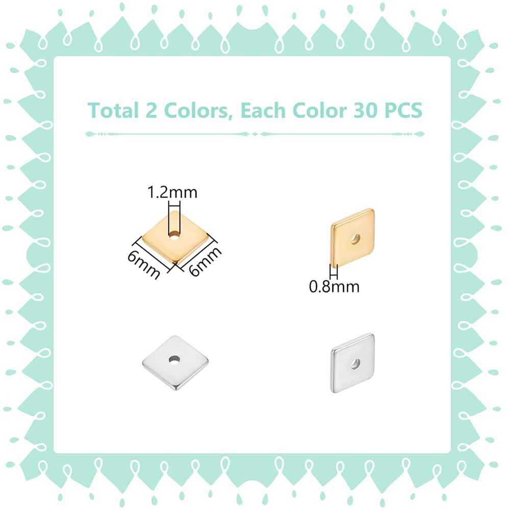 60Pcs 2 Colors 304 Stainless Steel Spacer Beads, Square, Mixed Color, 6x6x0.8~0.9mm, Hole: 1.2mm, 30pcs/color