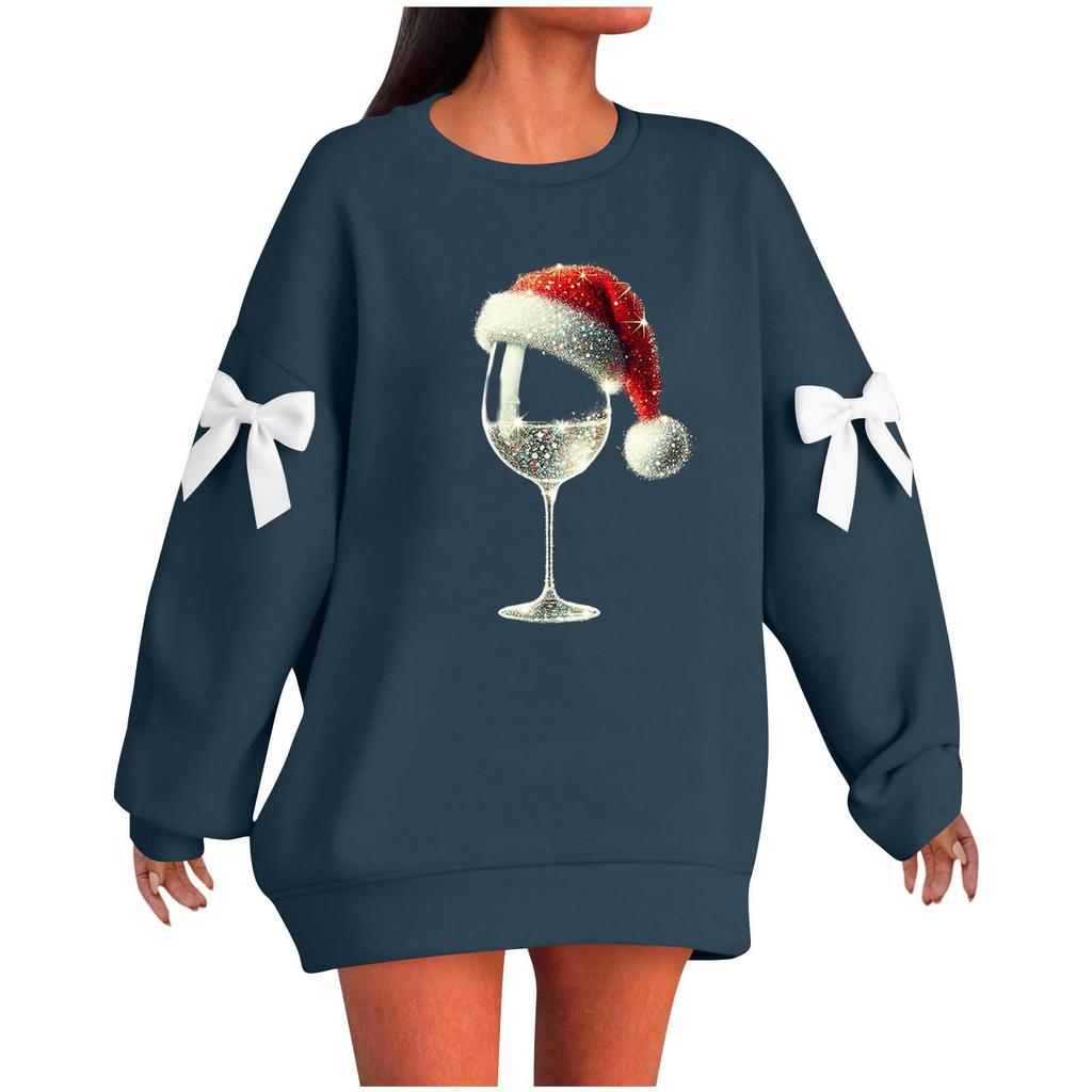 Ladies' Christmas Printed Bow Round Neck Long Sleeved Loose Pullover Sweater Sweatshirt Top