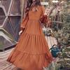 Autumn Women's Fashion V-neck Long Sleeve Solid Color Street Temperament Large Pendulum Dress