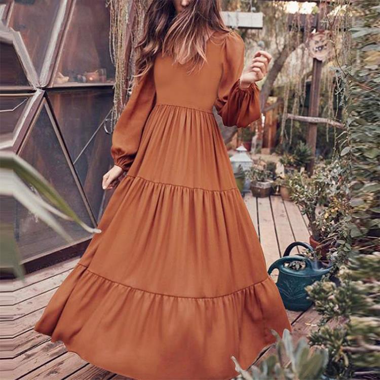 Autumn Women's Fashion V-neck Long Sleeve Solid Color Street Temperament Large Pendulum Dress