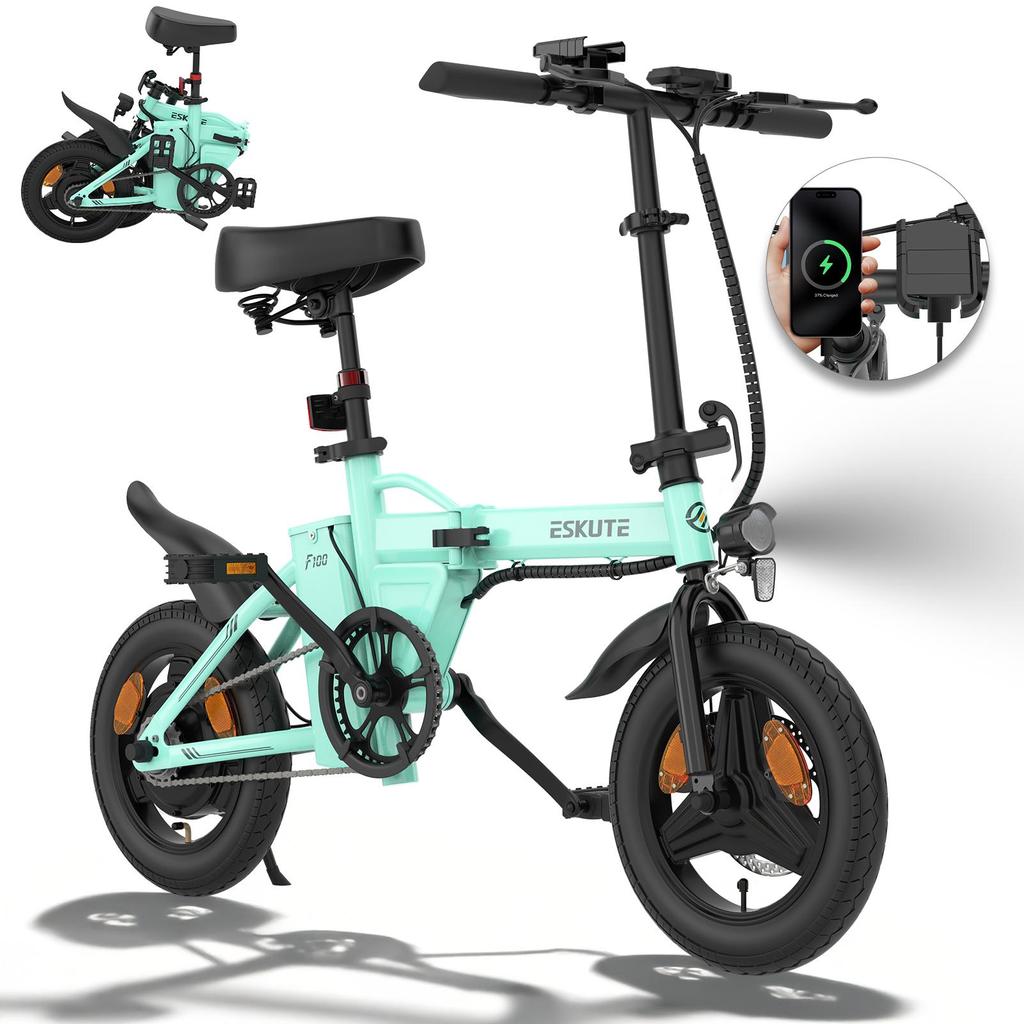 ESKUTE F100 Adult Folding Convenient E-Bike 250W Motor 36V9Ah Battery 14 Inch Fat Tires Electric Bike City Outdoor Electric Bicycle