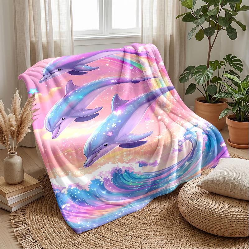 Galactic Dolphins Rainbow Wave Theme blanket Lightweight Warm Flannel Blanket Decorative Throw Blanket for Home Decoration