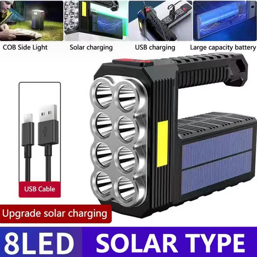 8LED and 6LED Bulbs Solar Charging Handheld Flashlight USB Charge Portable Lamp 4 Bright Lighting Modes Outdoor Searchlight