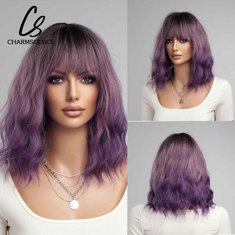 Purple Short Bob Wave Synthetic Wigs with Bangs For Women Cosplay Ombre Light Purple Daily Cosplay Party Heat Resistant Hair