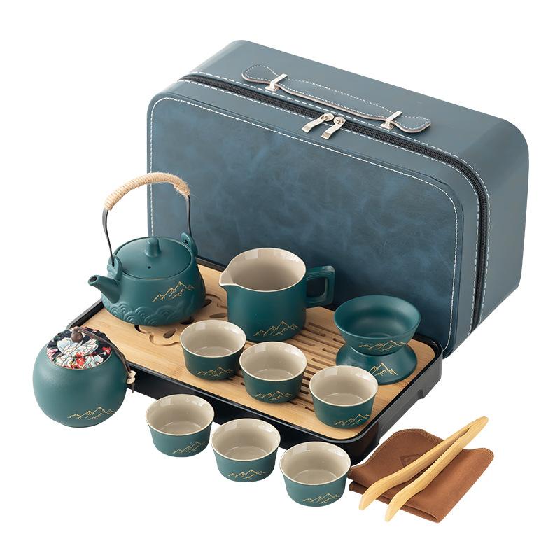 Китайский чайный сервиз из черной керамики в стиле легкой роскоши для заваривания чая, бытовой керамический чайный сервиз высокого класса с чайным подносом, полный набор в подарочной упаковке