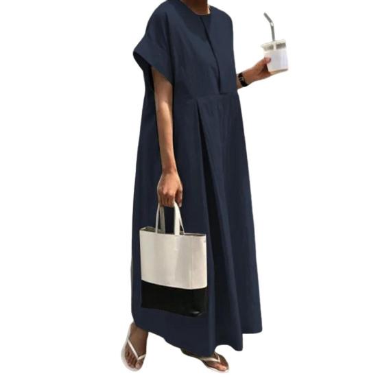 Летнее платье макси, свободное плиссированное платье с круглым вырезом и короткими рукавами, чистый цвет, большие размеры, повседневная одежда, женское платье макси