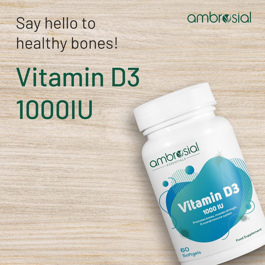 Витамин D3 Ambrosial 1000 МЕ (25 мкг) |Таблетки с витамином D для здоровья костей и зубов | Поддерживает иммунитет и мышечную функцию | Не содержит глютена (Пакет из 1)