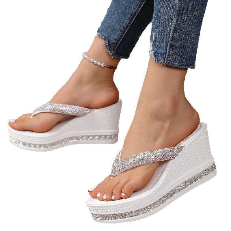 Fashion Summer New Fashion Women's Rhinestone Decor High Heels Flip Flops Outdoor Casual Versatile Thick Bottom Wedge Heel Slippers 43