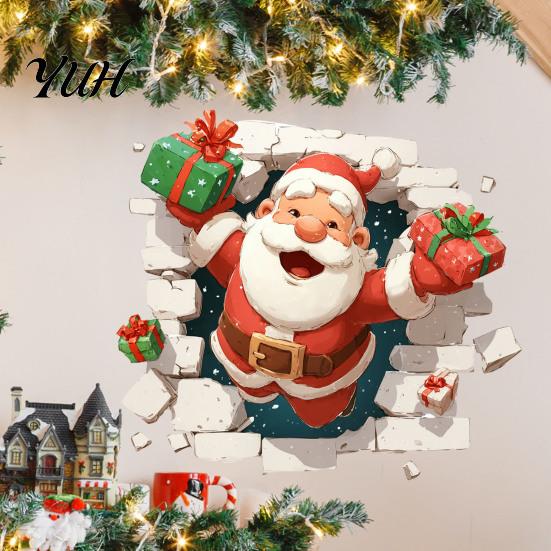 Seasonal Wall Art 3D Santa Claus Christmas Decals, Break Through Reindeer Party Supplies Window Stickers, Removable Winter Holiday Decorations