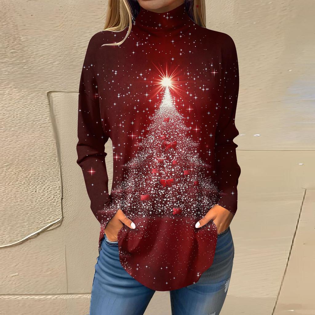 Женская модная повседневная футболка с длинным рукавом с высоким воротом и принтом, пуловер, топ