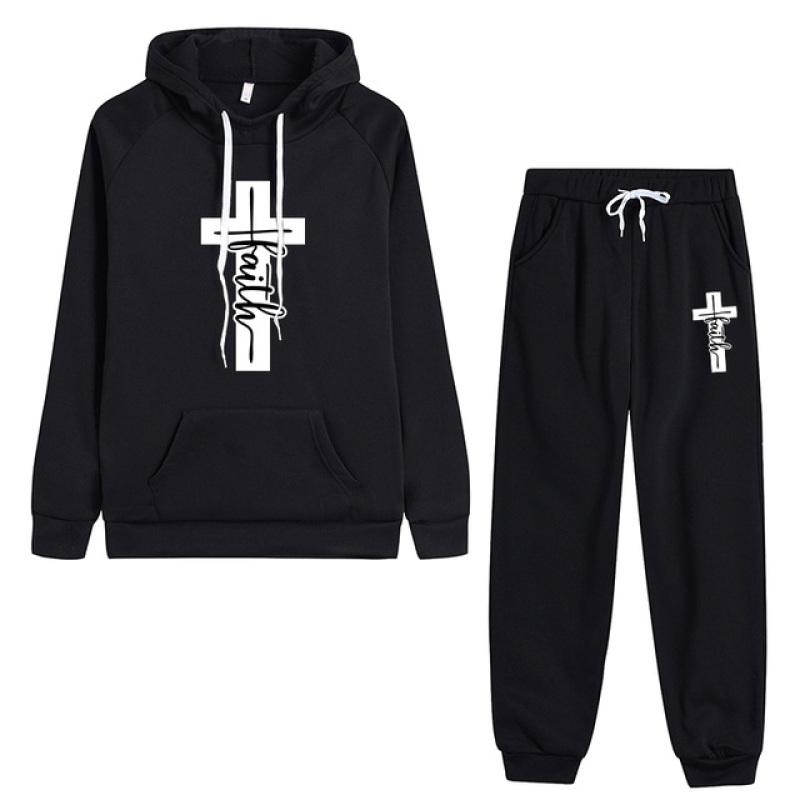 Jesus Crucifix Faith Printed Pant Sets Women Hoodie Sweatpants Solid Color Tracksuit Ladies Daily Casual Sport Jogging Suit