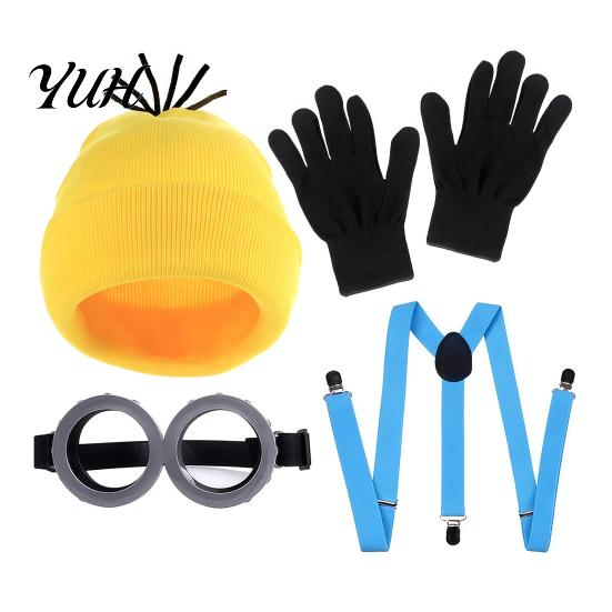 Adjustable Elastic Suspenders Knit Hat Costume Set, Retro Round Glasses Gloves, Halloween Party Comic Exhibition Cosplay Gear Accessories Kit