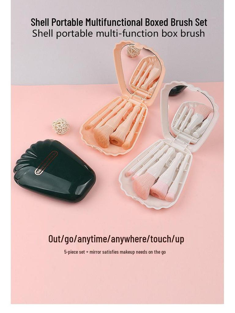 Seashell Portable Makeup Brush Set with Mirror - 5-Piece Eyeshadow & Foundation Tools