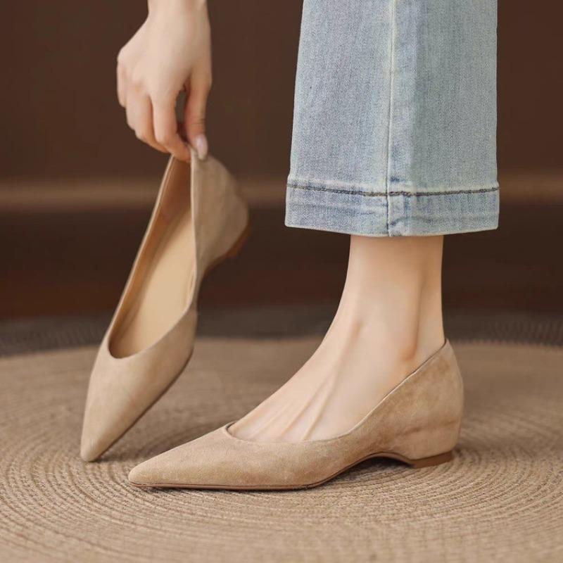 Fall New Suede Low Heel Shoes Women's Fashion Pointed Toe Shallow Mouth Cover Foot Non-slip Soft Sole Single Shoes