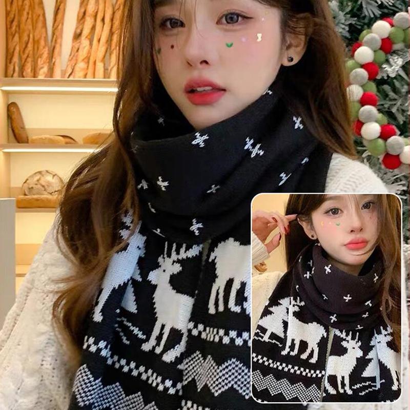Christmas Scarf High-end Border Knitted Wool Niche Design Wild Cute Deer Elk Knitted Scarf Winter Warm Wool Shawl Girl Christmas Gift