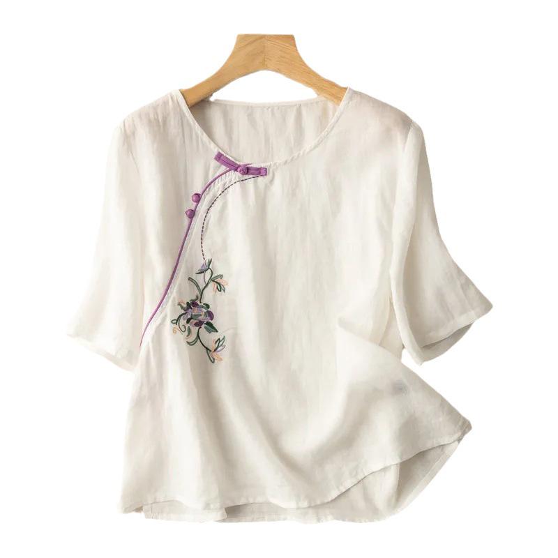 Women's 2024 Summer Cotton Linen Retro Embroidered Blouse with Frog Button and Diagonal Placket
