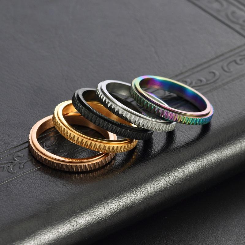European and American Jewelry Women's Simple Twill Titanium Steel Embossed Design Rotatable Ring High-end Ring Jewelry