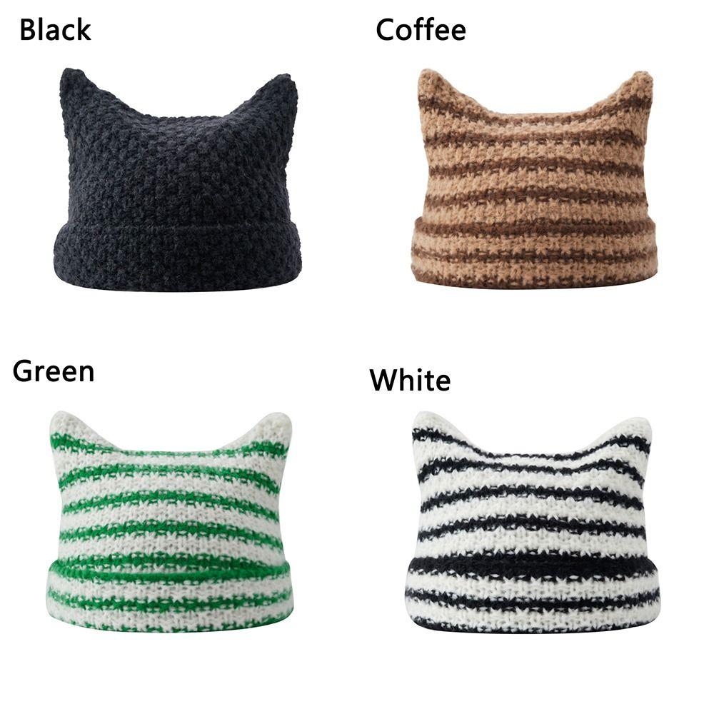 Winter Women's Hats Cute Cat Ears Knitted Wool Cap Japanese Beanie Hat Ins Little Devil Striped
