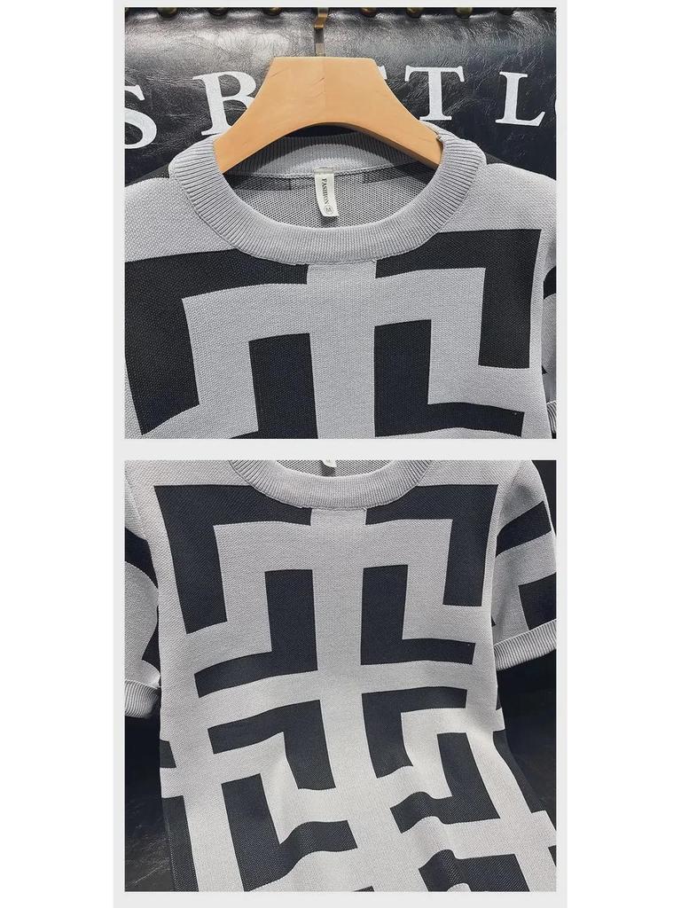 Мужская облегающая повседневная трикотажная футболка с коротким рукавом и геометрическим узором для весны и осени.