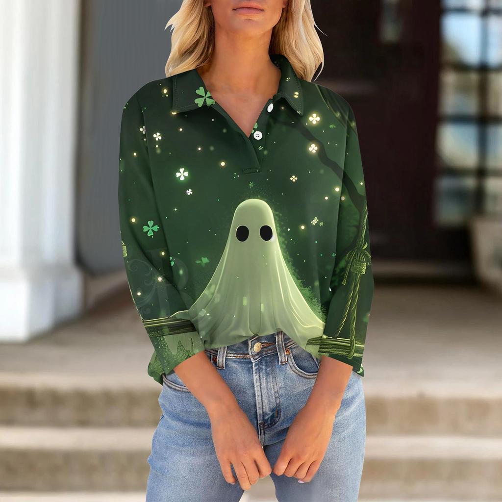 Women's Seven Quarter Sleeved T-shirt V-neck Button Up Shirt With Printed Loose Top For Halloween