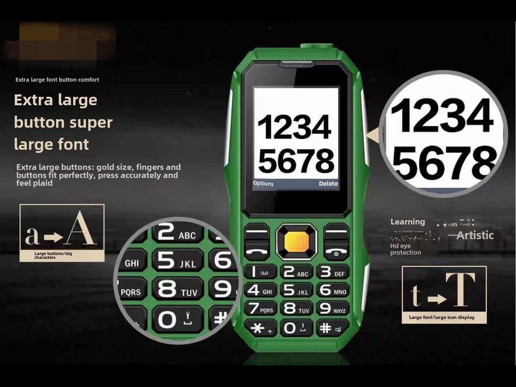 Защищенный мобильный телефон W2021: Большая батарея, громкий звук, большие кнопки, две SIM-карты, камера, многоязычность.