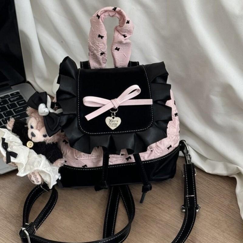 Lolita Black Pink Bow Ruffled Backpack Women Girls Compact Sweet Edgy Commuter Versatile Rucksack Ladies Elegant Mochilas Mujer