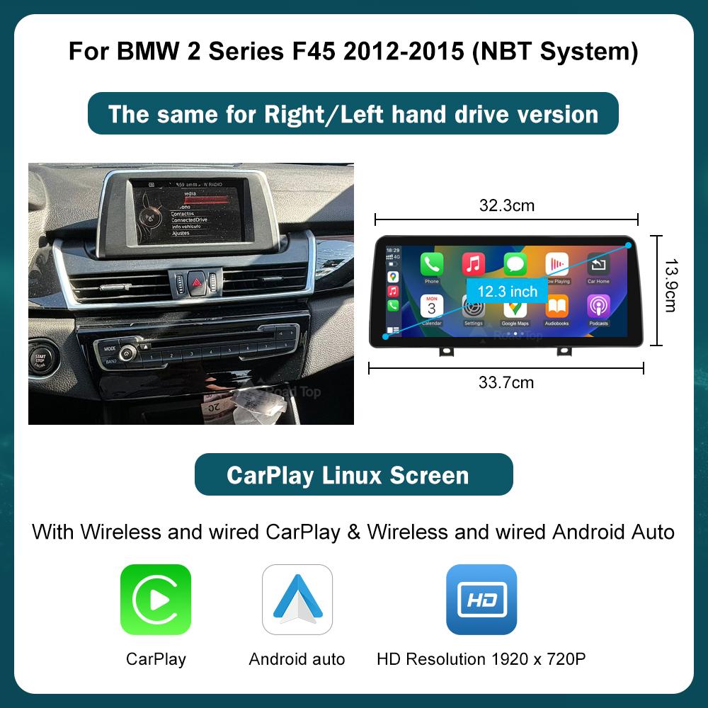 CN RoadTop 12.3 Wireless CarPlay Multimedia Screen For BMW Series 1 2 3 4 F20 F21 F22 F45 F30 F31 F32 F33 F45 NBT EVO 2012-2019